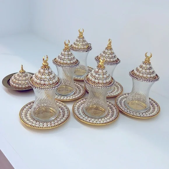 NEW HANDMADE TURKISH TEA SET WITH PEARLS - Picture 10 of 17